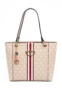 Geanta de piele ecologica cu bareta de umar si model monograma - Rosu - Alb - Crem - 26x31x12