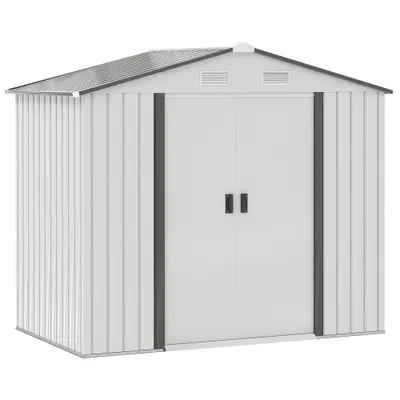 Sopron de gradina din tabla de otel, casuta de gradina cu usi glisante, pentru depozitare si organizare 213x130x185 cm, alb Outsunny | Aosom Romania