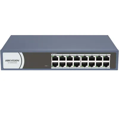 Switch Hikvision DS-3E0116R-O: 16 × 10/100 Mbps RJ45 Port, tensiune alimentare 220 VAC, 50/60 Hz, dimensiuni: 257..0 mm × 44.5