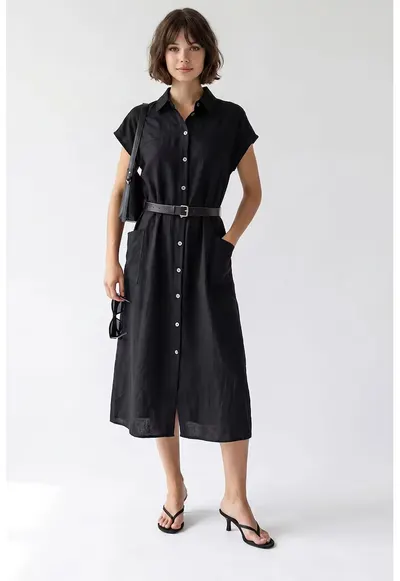 Rochie Camasa Midi cu Cordon Negru - Poliester - Maneci Scurte