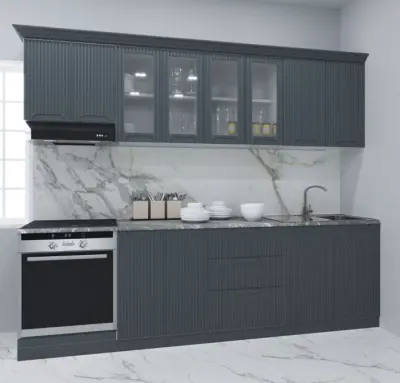 Set bucatarie SPACE 260 cm, 8 corpuri, corp cuptor, cu sertare, blat termorezistent, fronturi MDF, antracit
