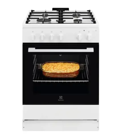 Aragaz Electrolux LKG604014W, GAz, 4 arzatoare, Clasa A, Gratare fonta, Siguranta plita+cuptor, Autocuratare catalitica, Grill electric, Rotisor, Iluminare cuptor, Volum 59 l (Alb)