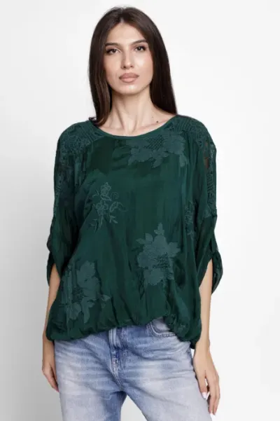 Bluza din matase si vascoza brodata, cu dantela pe spate, verde inchis
