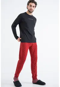 Pijama de bumbac cu decolteu la baza gatului - Rosu/Negru