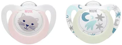 Suzete luminoase din silicon NUK - Star Night & Day, 0-6 luni, pentru fete, 2 buc