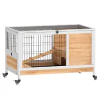 PawHut Cușcă pentru Iepuri și Porcușori de Guineea din Lemn cu 4 Roți și Rampă, 90x53x59 cm, Galben | Aosom Romania
