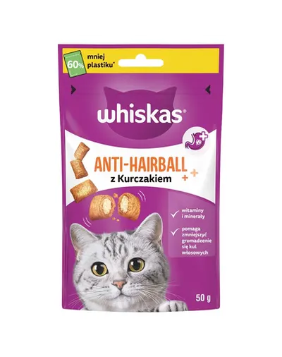 WHISKAS Anti-Hairball 50 g gustari anti-ghemotoc cu pui pentru pisici adulte