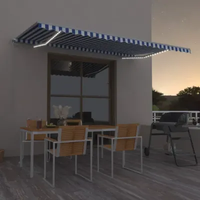 vidaXL Copertină retractabilă manual cu LED, albastru&alb, 500x350 cm