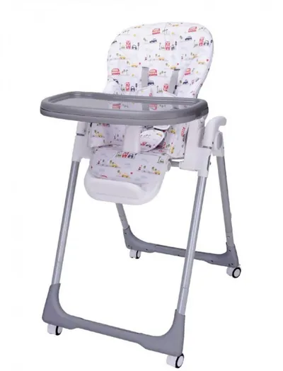Scaun de masa pentru copii si bebe Novokids Go Baby Masinute Gri reglabil in 6 trepte de inaltime, Pliabil, Centura de siguranta, Sezut confortabil, Masuta detasabila, Pozitie somn, Roti cu frana