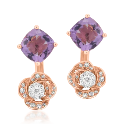 Cercei din aur roz cu ametiste de 2.2ct si diamante de 0.2ct