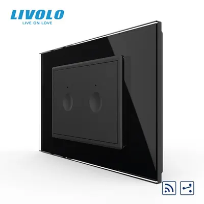 Intrerupator dublu tactil, control telecomanda RF, cap scara / cap cruce, standard italian, cu rama sticla, 3M Negru