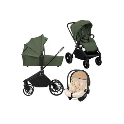 Carucior 3 in 1, Lionelo, Mika Plus, Cu scoica auto Bej testata ADAC, Reversibil, Cu sistem de ventilatie 3D, Cu accesorii, Pana la 22 kg, EN1888-1 EN1888-2 EN1466 ECE R129,Verde