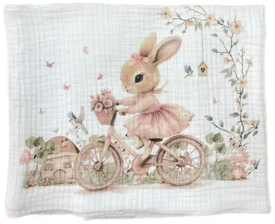 Pătură de muselină Bambino Casa - Rose Rabbit Bicycle, 120 х 120 cm