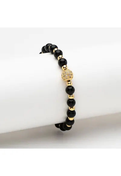 Bratara handmade cu pandantiv rotund - cristale negre si aur galben de 14K - dimensiune ajustabila