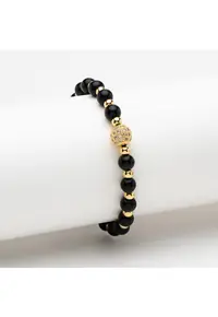 Bratara handmade cu pandantiv rotund - cristale negre si aur galben de 14K - dimensiune ajustabila