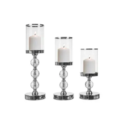 Set 3 sfesnice lumanari, stil glamour, inaltimi diferite, cristale decorative, baza 12 cm