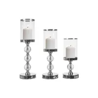 Set 3 sfesnice lumanari, stil glamour, inaltimi diferite, cristale decorative, baza 12 cm