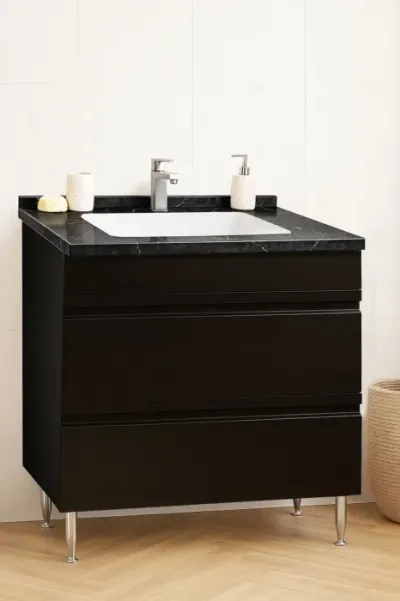 Set Baza front MDF si Lavoar seria 886, cu sertare, montat, 80 cm, negru