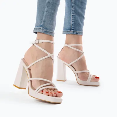 Sandale Elegante din Piele Ecologica cu Model si Toc Gros Crl0734 Bej