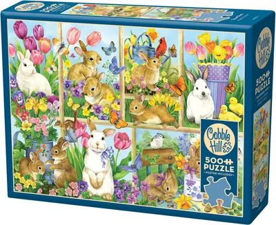 Puzzle Cobble Hill din 500 de piese - Iepurași printre lalele
