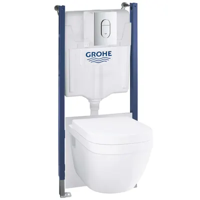 Pachet WC Grohe Solido 5in1 39700000, suspendat, cadru, placuta Arena Cosmo, SoftClose, Rimless, anti-fonare, capac, Alb