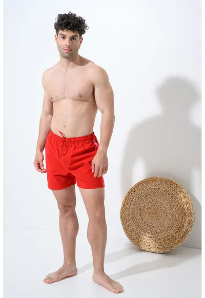 Pantaloni scurti de baie cu snur si buzunare - Rosu vermillion