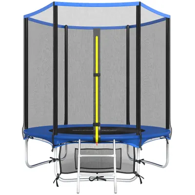 SPORTNOW Trambulină Exterior Ø183 cm Trambulină pentru copii +6 ani și adulți cu plasă de siguranță Scară cu 2 trepte Albastru | Aosom Romania