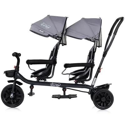 Tricicleta pentru gemeni Chipolino Hip Hop Platinum cu sezut rotativ 360 grade, suporturi pentru picioare, bara de protectie, cosulete