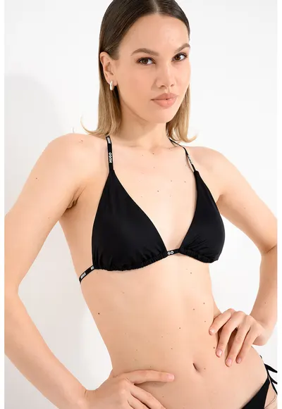 Sutien de baie cu cupe triunghiulare si bretele cu logo Pure - Negru
