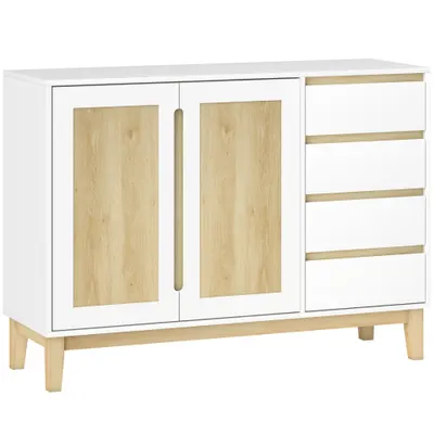 HOMCOM Bufet, mobilier de depozitare cu 2 uși și 4 sertare, raft reglabil, 120 x 40 x 86 cm, alb și stejar | Aosom Romania