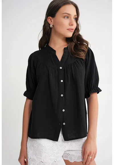 Camasa dama - camasa cu maneca scurta - negru - amestec de in