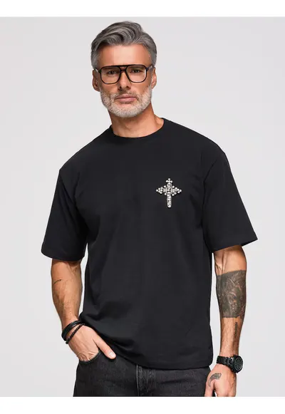 Tricou barbati loose fit cu aplicatie decorativa in forma de cruce - decolteu rotund OM-TSCT-0276 - Negru