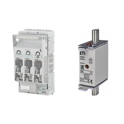 Pachet Protectie Circuit Trifazat: Soclu Siguranta Fuzibila NH00 3P (M8/M8), Siguranta Fuzibila NH000 gG 6A 500V