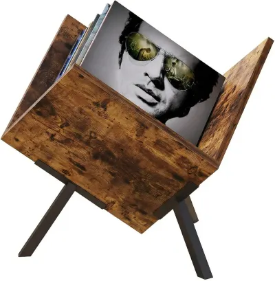 Suport pentru discuri vinil – Organizator pentru LP-uri, din PAL și metal, 30 × 30 × 17 cm, finisaj maro rustic