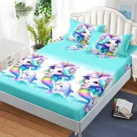 Cearsaf cu Elastic, Bumbac Satinat, 180x200 cm + 2 Fete de Perna 50x70 cm, Albastru, sirene si delfini