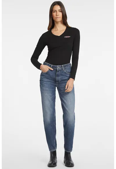 Bluza cu decolteu in V si imprimeu logo - Negru