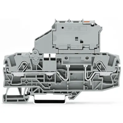 2-conductor fuse terminal block; with pivoting fuse holder; for 5 x 20 mm miniature metric fuse; with blown fuse indication by LED; 30 - 65 V; for DIN-rail 35 x 15 and 35 x 7.5; 6 mm²; Push-in CAGE CLAMP®; 6,00 mm²; gray