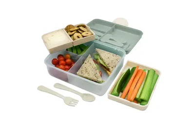 Cutie pentru pranz bento cu 2 nivele si tacamuri Melii flori albastre