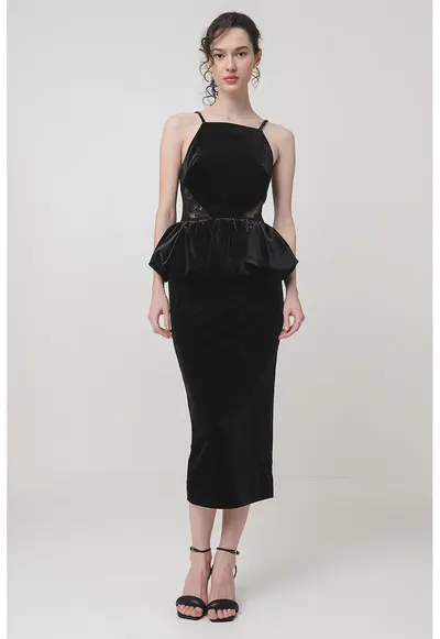 Rochie midi bodycon cu aspect de catifea - Negru