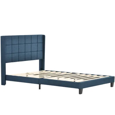 Pat dublu cu tăblie tapițată și somieră cu lamele, design elegant din in, fără saltea, 140x200 cm, Albastru