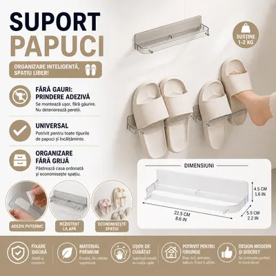 Suport pentru papuci, prindere cu sistem dublu adeziv inclus, Transparent