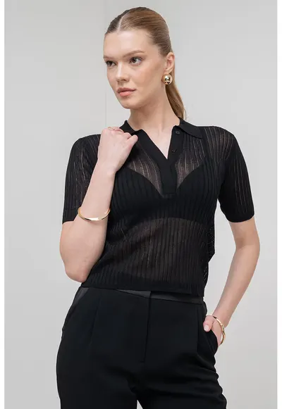 Tricou polo semitransparent cu model striat Torbole - Negru