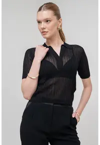 Tricou polo semitransparent cu model striat Torbole - Negru