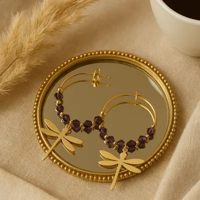 Cercei din oțel inoxidabil, placat cu aur 14K, cu știft, Ecarla, KST2918