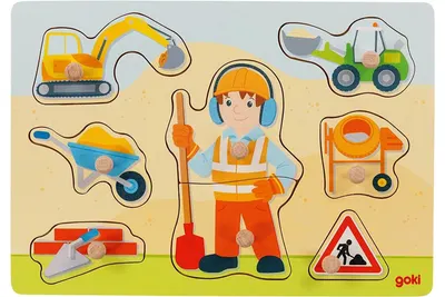 Puzzle din lemn cu maner Goki - Constructor