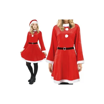 Costum Craciunita, rochie, caciula si curea talie, marime universala, alb si rosu