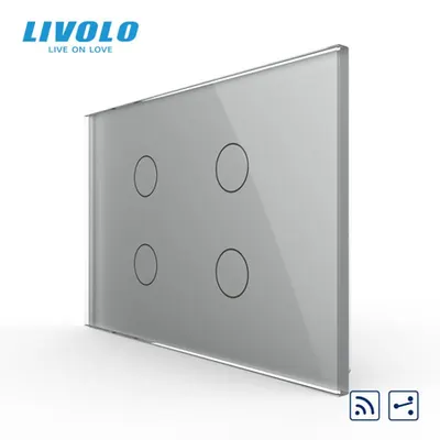 Intrerupator cvadruplu, standard italian, cap scara / cap cruce, control telecomanda RF, cu panou sticla, 3M Gri