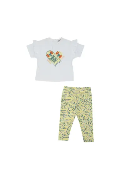 Set 2 piese: tricou si colanti imprimati inimioare - Keep Going - Alb si Galben - pentru fetite - Galben