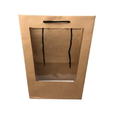 Pungi trapez cu mâner și fereastră - kraft (set 10 buc) - 22x16x20