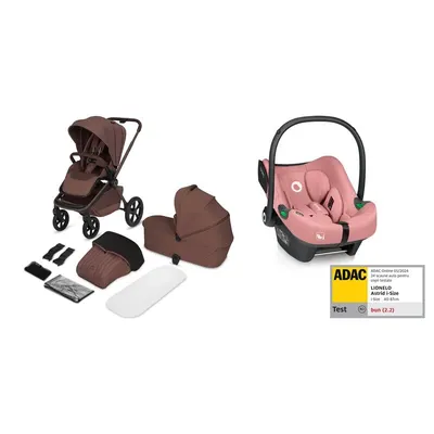 Carucior 3 in 1, Lionelo, Freya, Cu scoica ADAC, Landou si salteluta ventilate, Pliabil, Reglare spatar in 3 pozitii, Suport de picioare in 4 pozitii, Maner reglabil in 3 pozitii, Sustine 22 kg, Cu accesorii, 0 luni+, Maro/roz